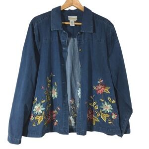 Coldwater Creek Denim Shacket Floral Embroidery Blue XL Cotton Button Down